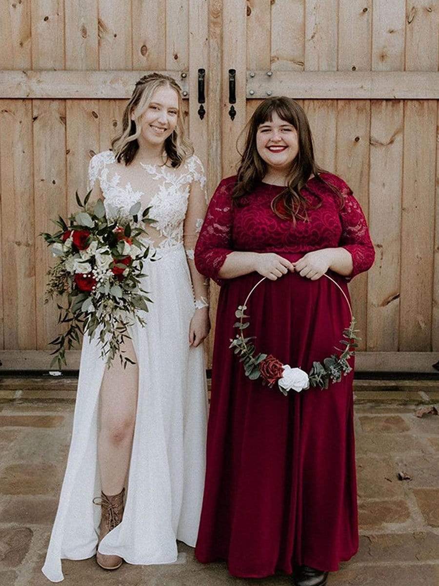 Color=Burgundy | Plus Size See-Through Floor Length Lace Evening Dress With Half Sleeve-Burgundy 3 Color=Burgundy | Plus Size See-Through Floor Length Lace Evening Dress With Half Sleeve-Burgundy 3