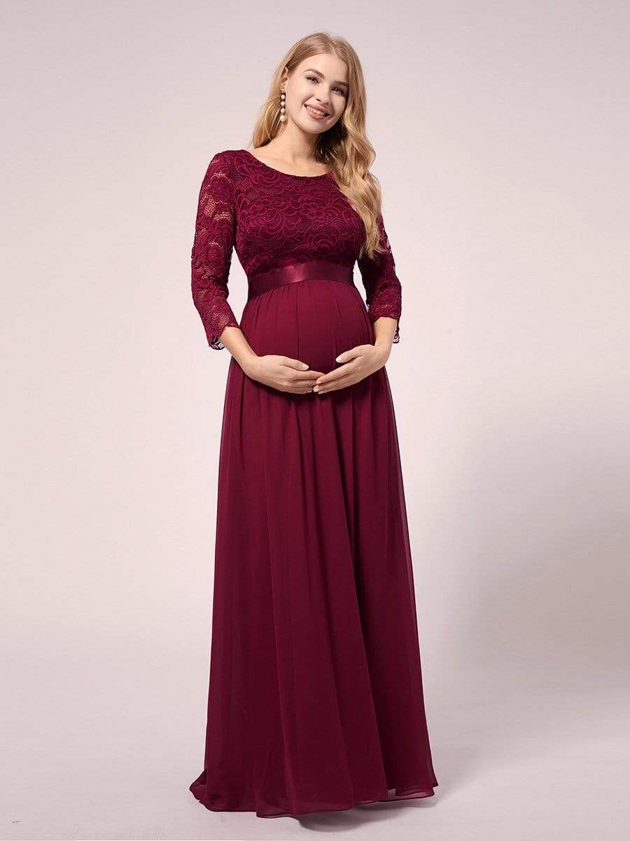 Color=Burgundy | See-Through Floor Length Lace Dress With Half Sleeve-Burgundy 2