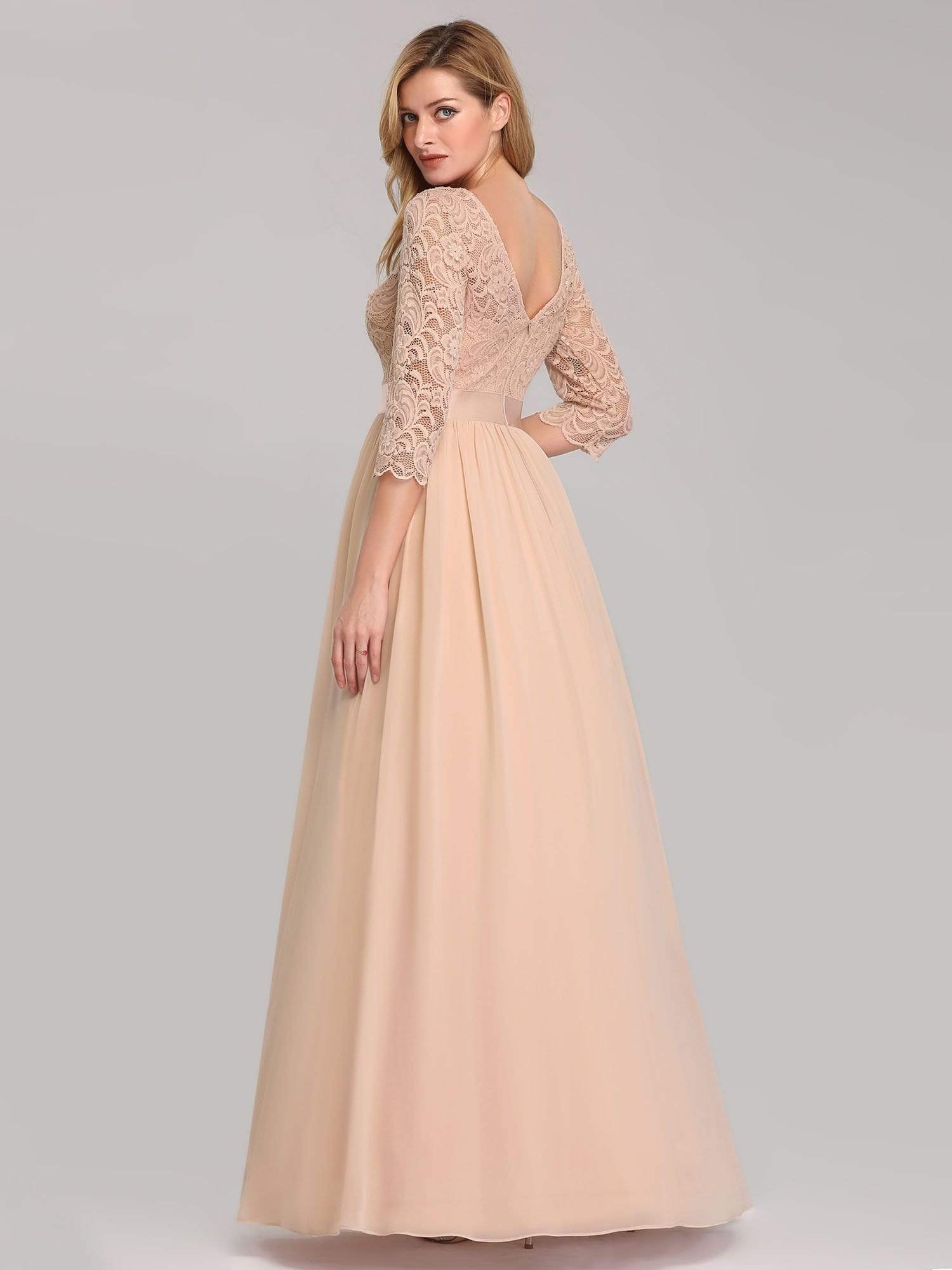 COLOR=Blush | See-Through Floor Length Lace Evening Dress With Half Sleeve-Blush 4 COLOR=Blush | See-Through Floor Length Lace Evening Dress With Half Sleeve-Blush 4