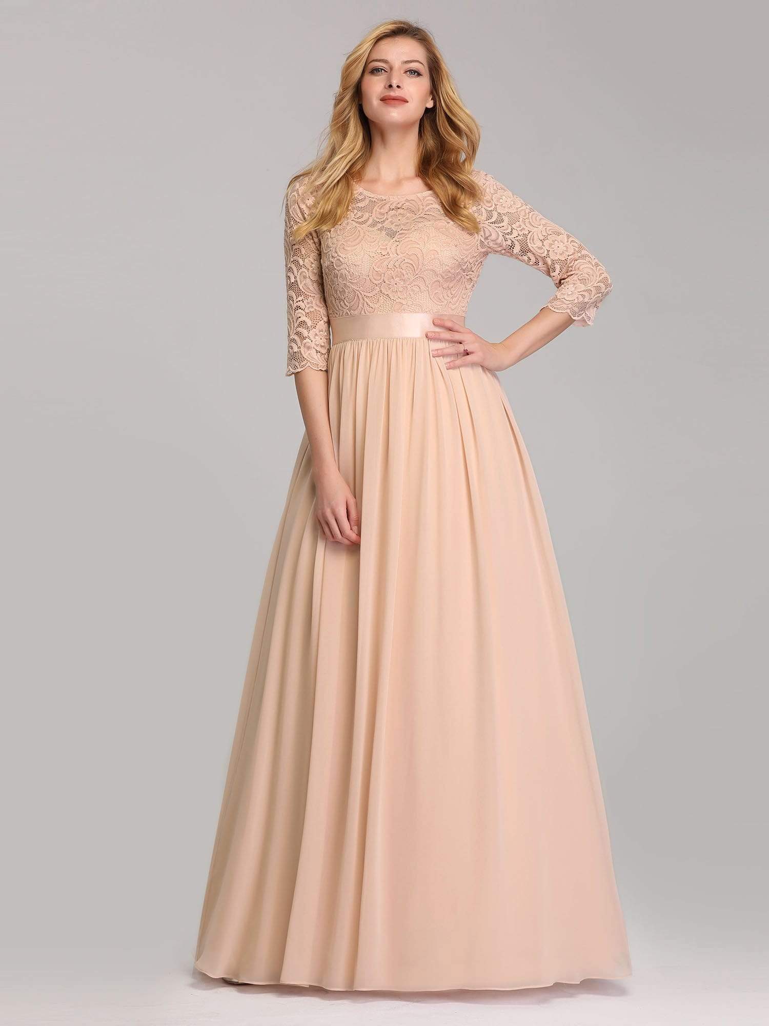 COLOR=Blush | See-Through Floor Length Lace Evening Dress With Half Sleeve-Blush 3 COLOR=Blush | See-Through Floor Length Lace Evening Dress With Half Sleeve-Blush 3
