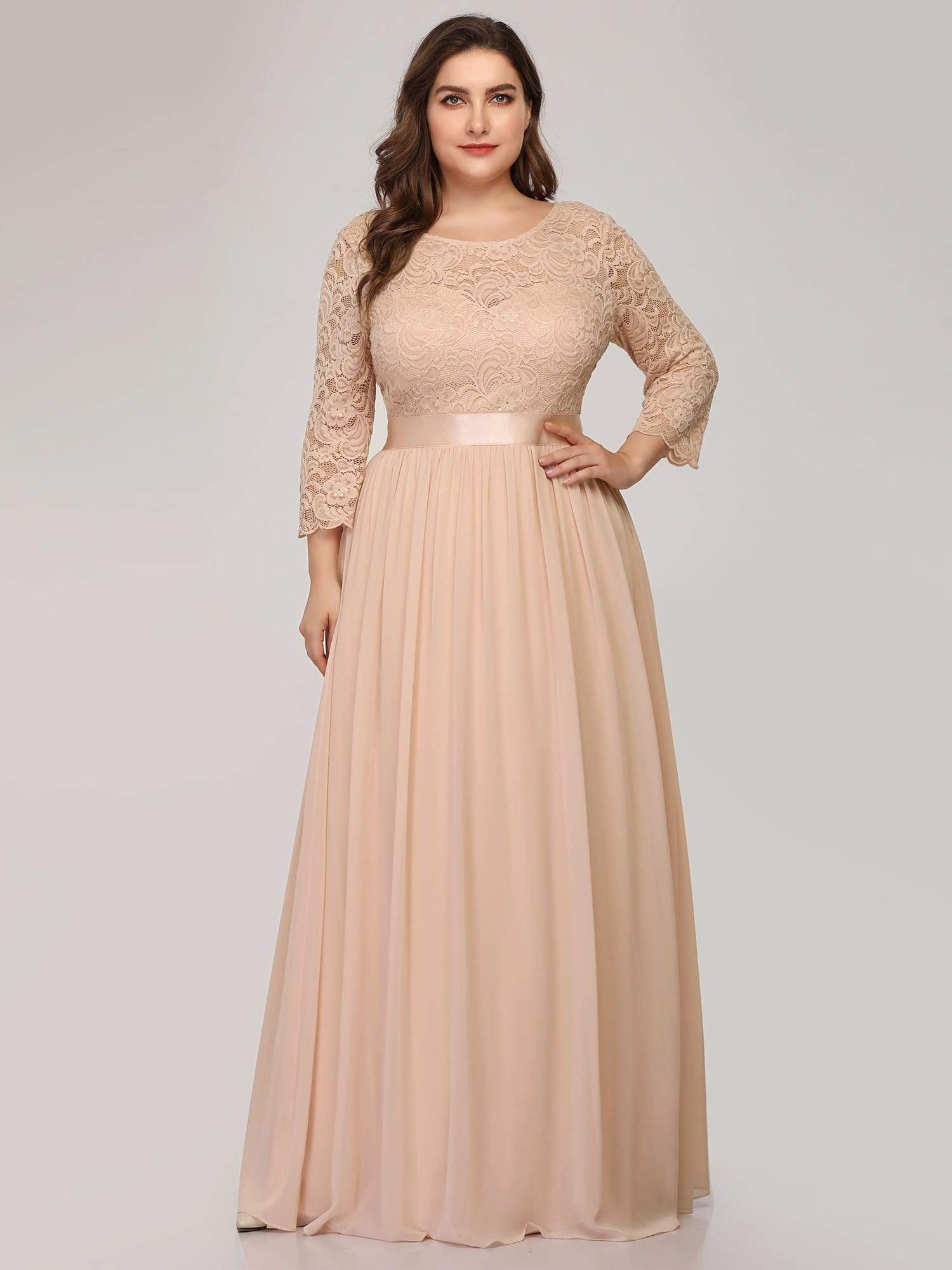COLOR=Blush | See-Through Floor Length Lace Evening Dress With Half Sleeve-Blush 6