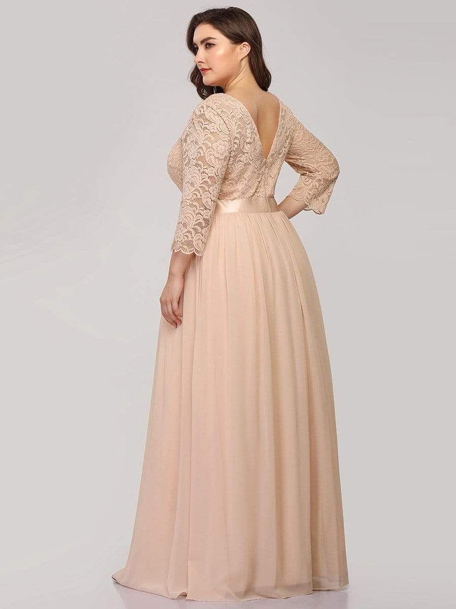 Color=Blush | Plus Size See-Through Floor Length Lace Evening Dress With Half Sleeve-Blush 2