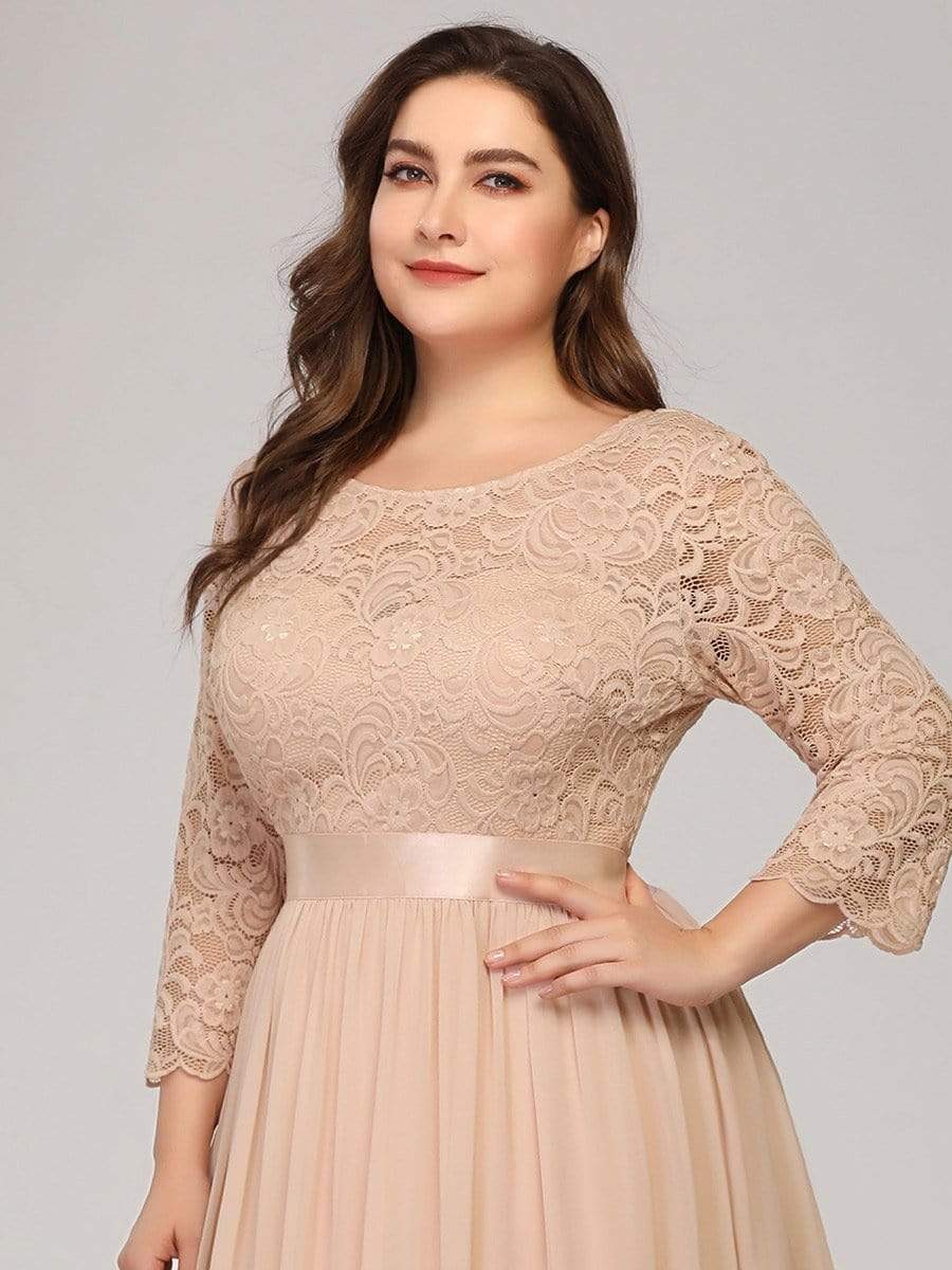 Color=Blush | Plus Size See-Through Floor Length Lace Evening Dress With Half Sleeve-Blush 5 Color=Blush | Plus Size See-Through Floor Length Lace Evening Dress With Half Sleeve-Blush 5