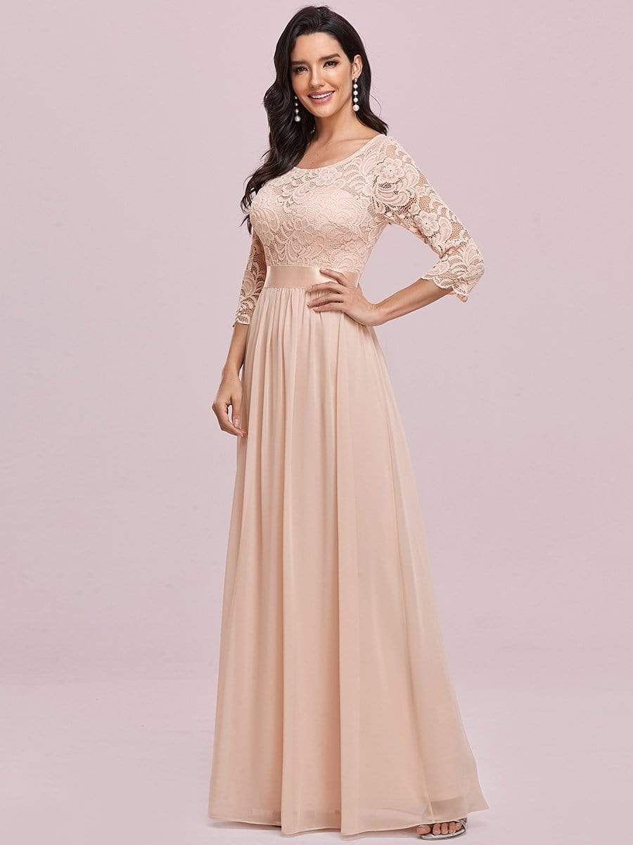 COLOR=Blush | See-Through Floor Length Lace Evening Dress With Half Sleeve-Blush 1 COLOR=Blush | See-Through Floor Length Lace Evening Dress With Half Sleeve-Blush 1