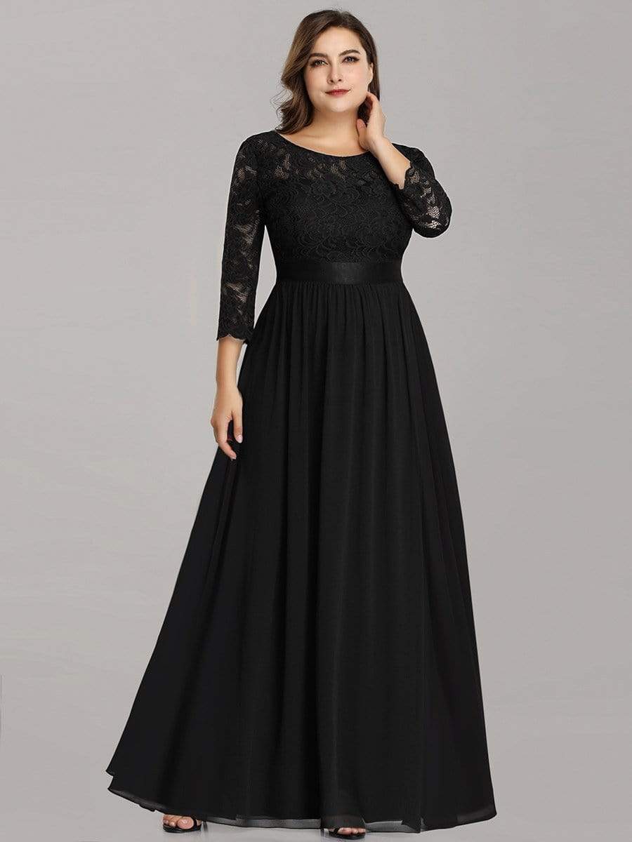 Color=Black | Plus Size See-Through Floor Length Lace Evening Dress With Half Sleeve-Black 3 Color=Black | Plus Size See-Through Floor Length Lace Evening Dress With Half Sleeve-Black 3