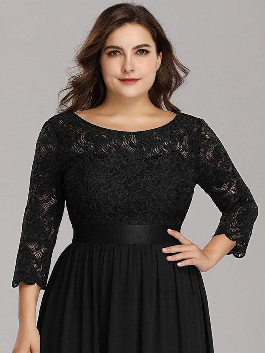 Color=Black | Plus Size See-Through Floor Length Lace Evening Dress With Half Sleeve-Black 5 Color=Black | Plus Size See-Through Floor Length Lace Evening Dress With Half Sleeve-Black 5