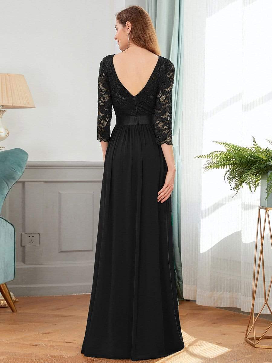 COLOR=Black | See-Through Floor Length Lace Evening Dress With Half Sleeve-Black 2 COLOR=Black | See-Through Floor Length Lace Evening Dress With Half Sleeve-Black 2
