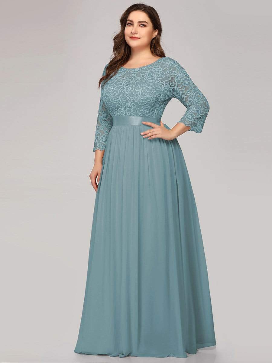 COLOR=Dusty Blue | Plus Size See-Through Floor Length Lace Evening Dress With Half Sleeve-Dusty Blue 3 COLOR=Dusty Blue | Plus Size See-Through Floor Length Lace Evening Dress With Half Sleeve-Dusty Blue 3