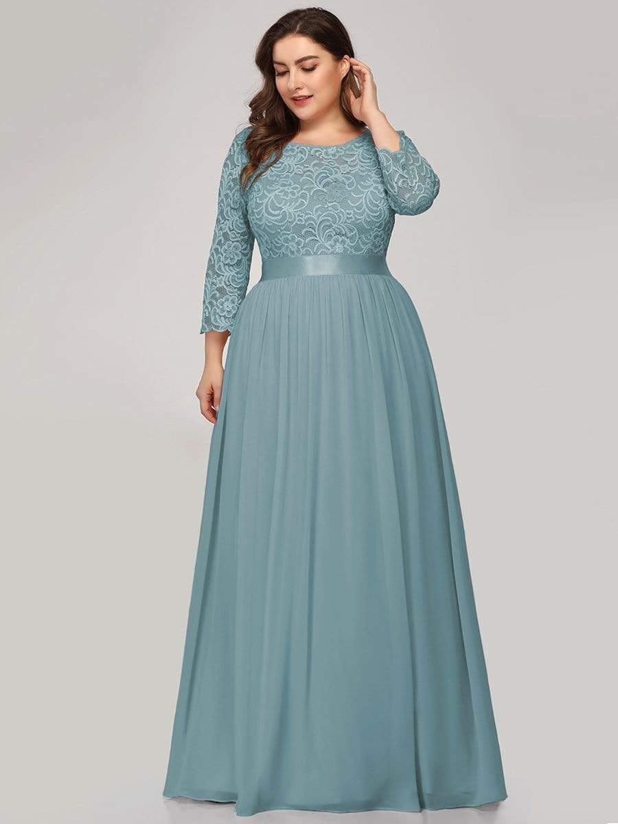 COLOR=Dusty Blue | See-Through Floor Length Lace Evening Dress With Half Sleeve-Dusty Blue 6 COLOR=Dusty Blue | See-Through Floor Length Lace Evening Dress With Half Sleeve-Dusty Blue 6