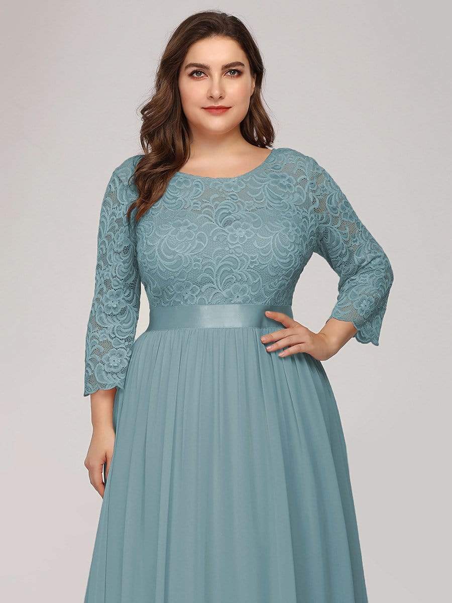 COLOR=Dusty Blue | Plus Size See-Through Floor Length Lace Evening Dress With Half Sleeve-Dusty Blue 5 COLOR=Dusty Blue | Plus Size See-Through Floor Length Lace Evening Dress With Half Sleeve-Dusty Blue 5