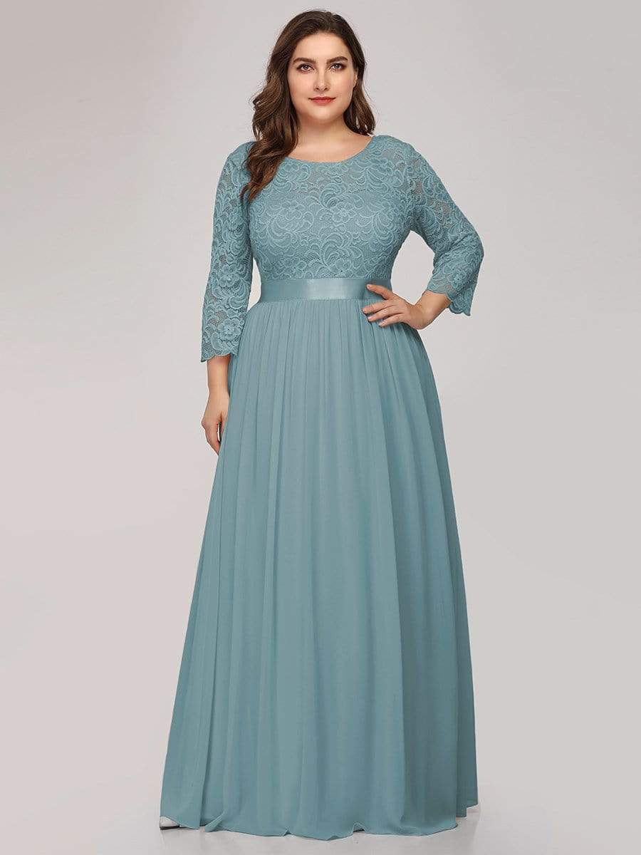 COLOR=Dusty Blue | Plus Size See-Through Floor Length Lace Evening Dress With Half Sleeve-Dusty Blue 1 COLOR=Dusty Blue | Plus Size See-Through Floor Length Lace Evening Dress With Half Sleeve-Dusty Blue 1