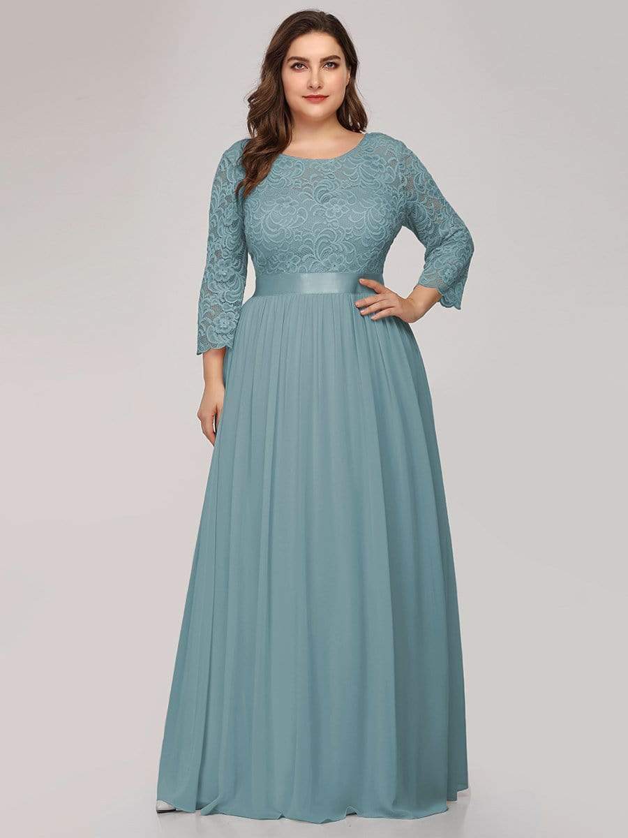 COLOR=Dusty Blue | Plus Size See-Through Floor Length Lace Evening Dress With Half Sleeve-Dusty Blue 1