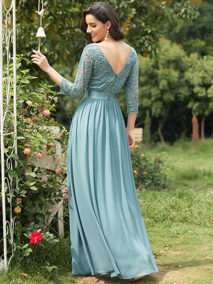COLOR=Dusty Blue | See-Through Floor Length Lace Evening Dress With Half Sleeve-Dusty Blue 2 COLOR=Dusty Blue | See-Through Floor Length Lace Evening Dress With Half Sleeve-Dusty Blue 2
