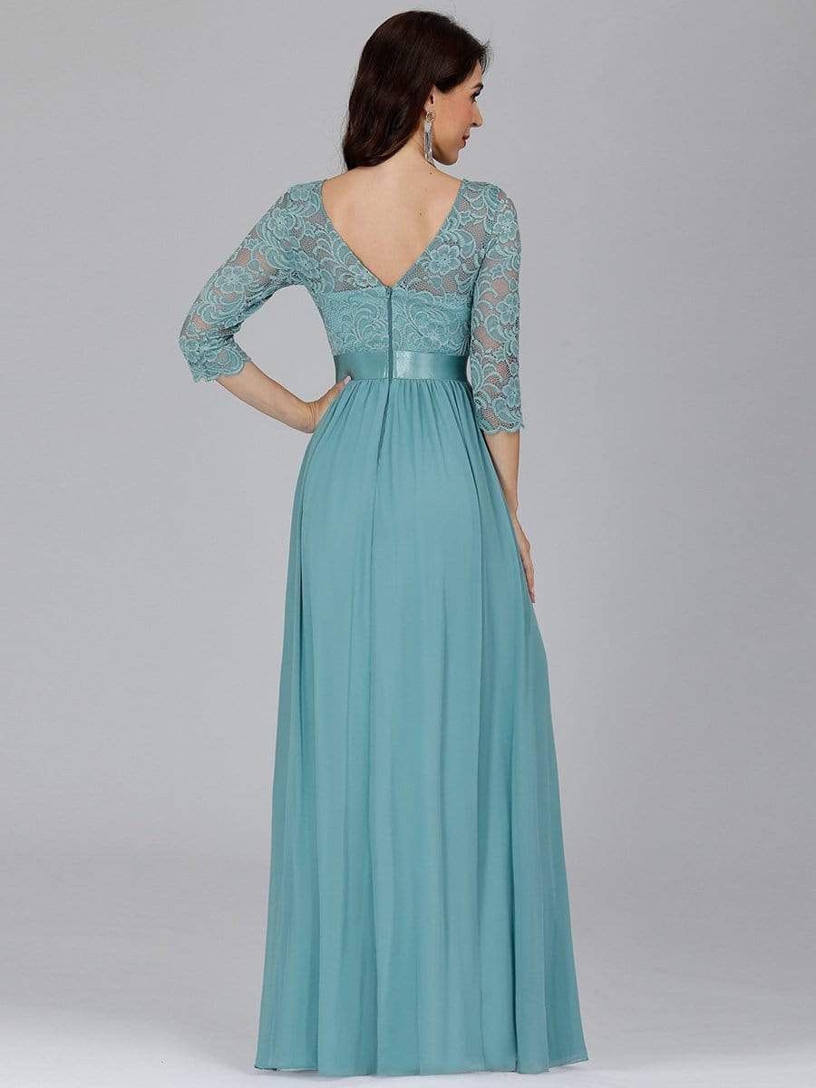 COLOR=Dusty Blue | See-Through Floor Length Lace Evening Dress With Half Sleeve-Dusty Blue 4 COLOR=Dusty Blue | See-Through Floor Length Lace Evening Dress With Half Sleeve-Dusty Blue 4