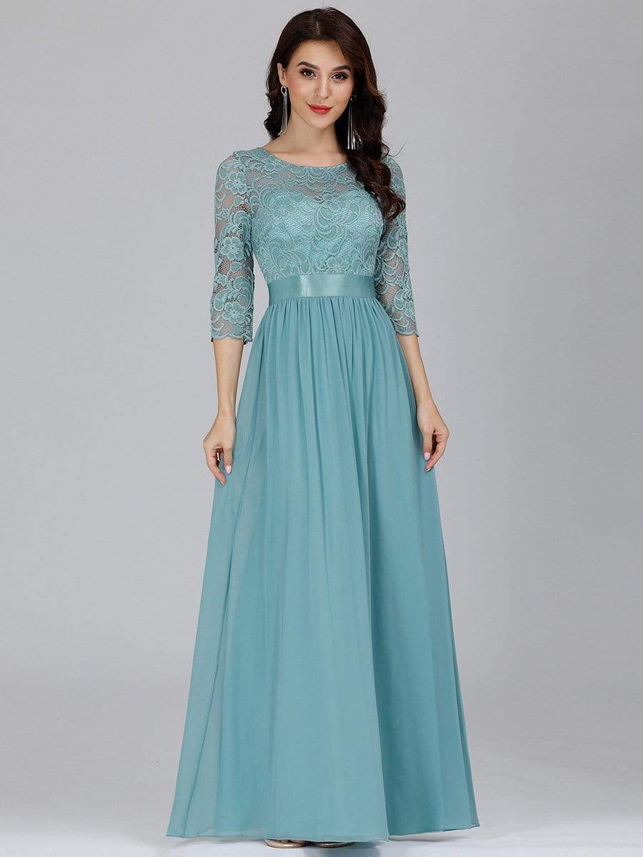 COLOR=Dusty Blue | See-Through Floor Length Lace Evening Dress With Half Sleeve-Dusty Blue 3 COLOR=Dusty Blue | See-Through Floor Length Lace Evening Dress With Half Sleeve-Dusty Blue 3