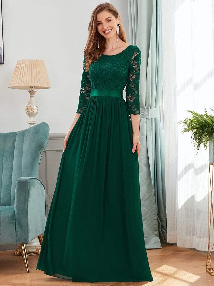 COLOR=Dark Green | See-Through Floor Length Lace Evening Dress With Half Sleeve-Dark Green 4 COLOR=Dark Green | See-Through Floor Length Lace Evening Dress With Half Sleeve-Dark Green 4