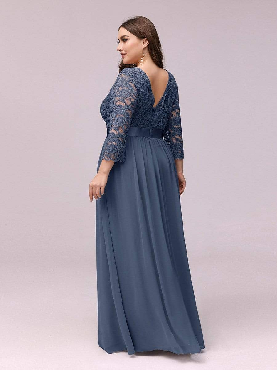 COLOR=Dusty Navy | See-Through Floor Length Lace Evening Dress With Half Sleeve-Dusty Navy 4 COLOR=Dusty Navy | See-Through Floor Length Lace Evening Dress With Half Sleeve-Dusty Navy 4