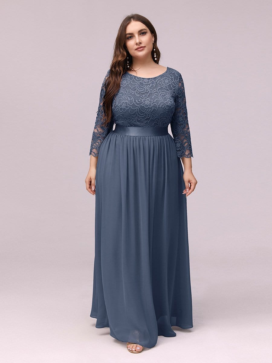 COLOR=Dusty Navy | See-Through Floor Length Lace Evening Dress With Half Sleeve-Dusty Navy 5 COLOR=Dusty Navy | See-Through Floor Length Lace Evening Dress With Half Sleeve-Dusty Navy 5