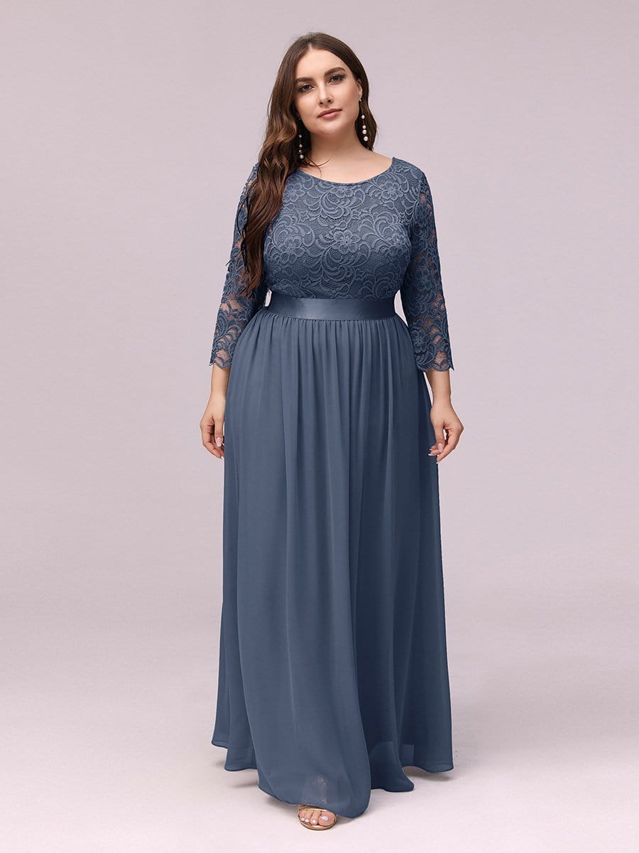 COLOR=Dusty Navy | See-Through Floor Length Lace Evening Dress With Half Sleeve-Dusty Navy 5