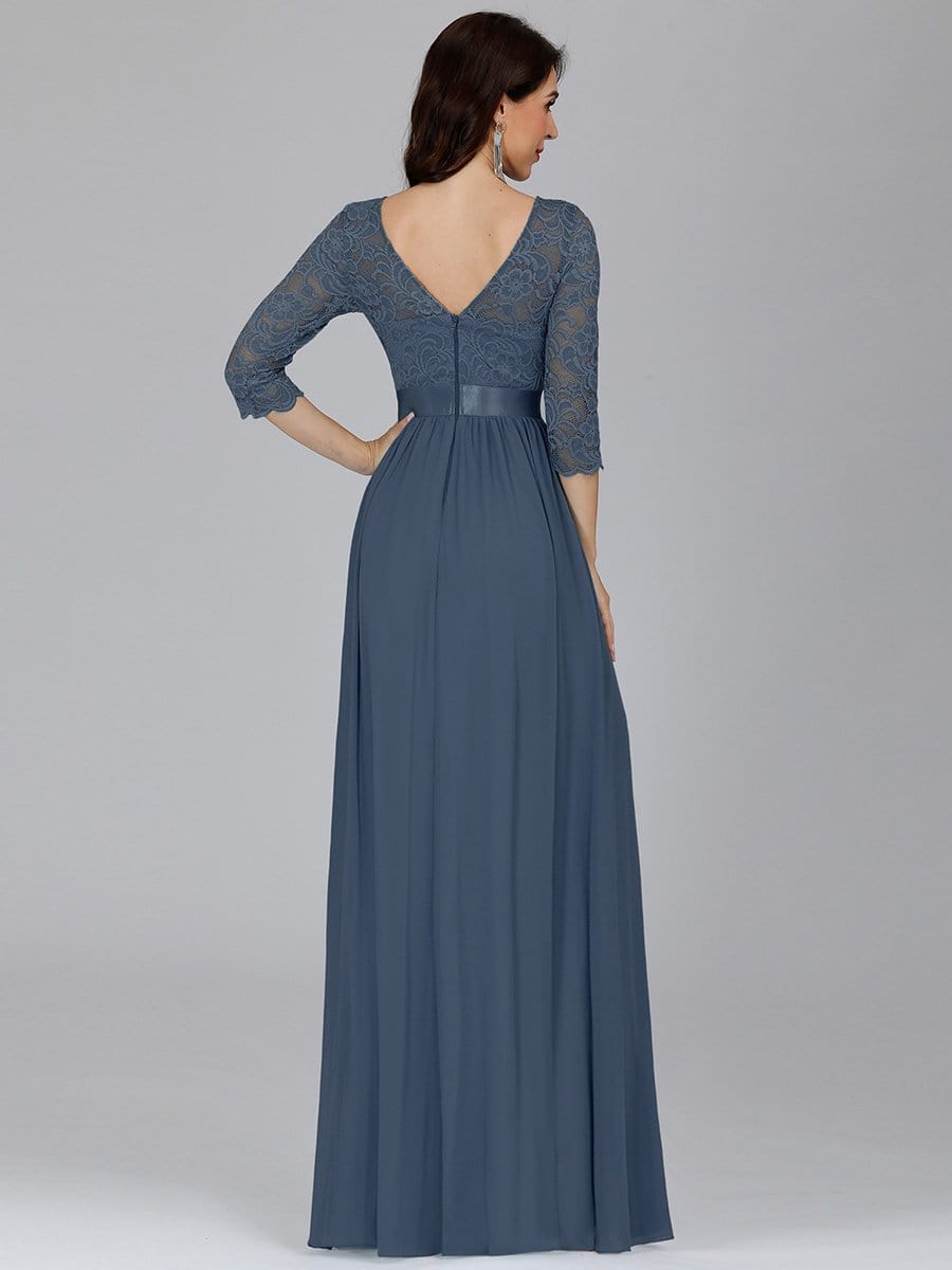 COLOR=Dusty Navy | See-Through Floor Length Lace Evening Dress With Half Sleeve-Dusty Navy 2 COLOR=Dusty Navy | See-Through Floor Length Lace Evening Dress With Half Sleeve-Dusty Navy 2