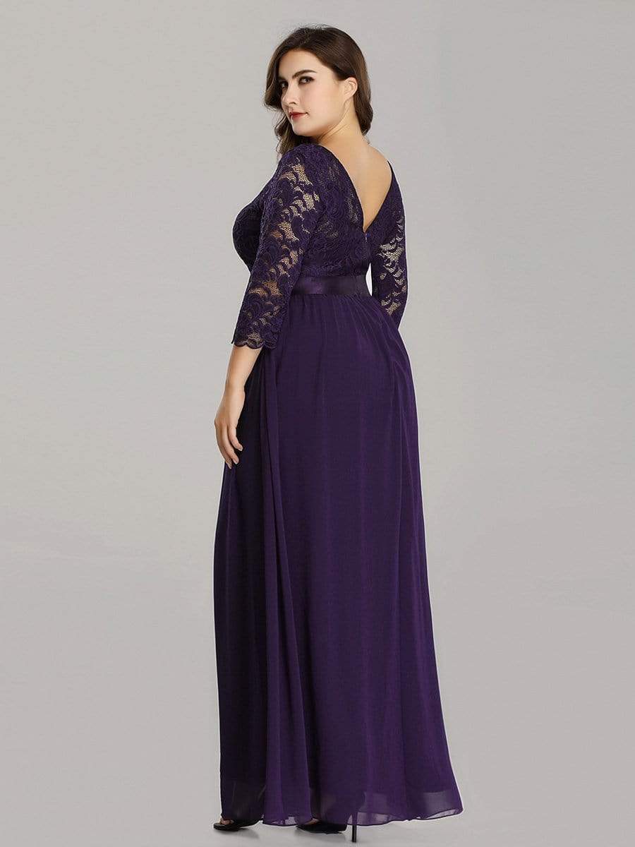 COLOR=Dark Purple | See-Through Floor Length Lace Evening Dress With Half Sleeve-Dark Purple 2 COLOR=Dark Purple | See-Through Floor Length Lace Evening Dress With Half Sleeve-Dark Purple 2