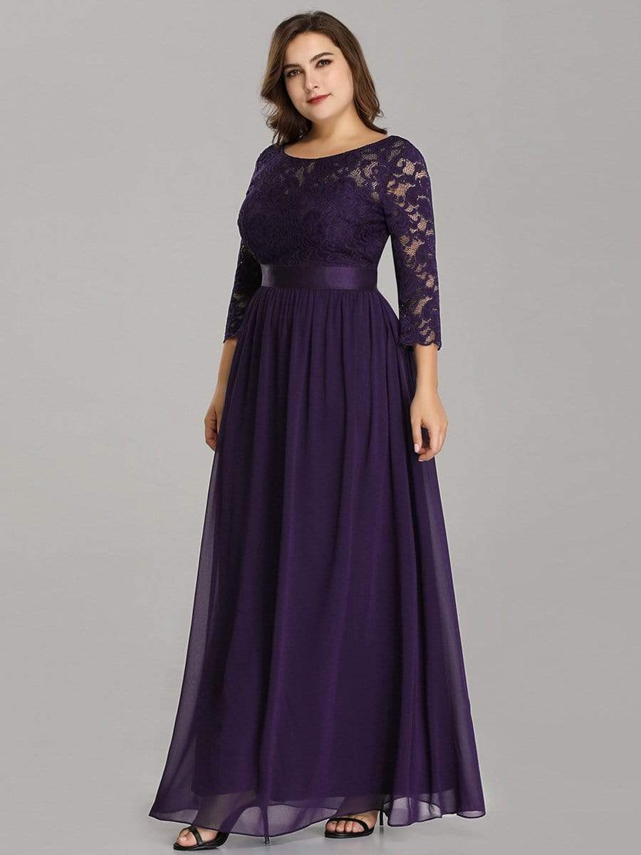 COLOR=Dark Purple | See-Through Floor Length Lace Evening Dress With Half Sleeve-Dark Purple 3 COLOR=Dark Purple | See-Through Floor Length Lace Evening Dress With Half Sleeve-Dark Purple 3