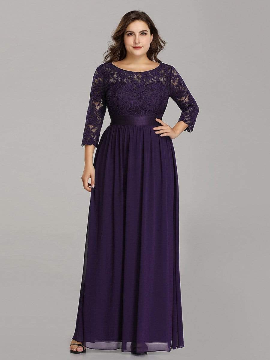 COLOR=Dark Purple | See-Through Floor Length Lace Evening Dress With Half Sleeve-Dark Purple 4 COLOR=Dark Purple | See-Through Floor Length Lace Evening Dress With Half Sleeve-Dark Purple 4