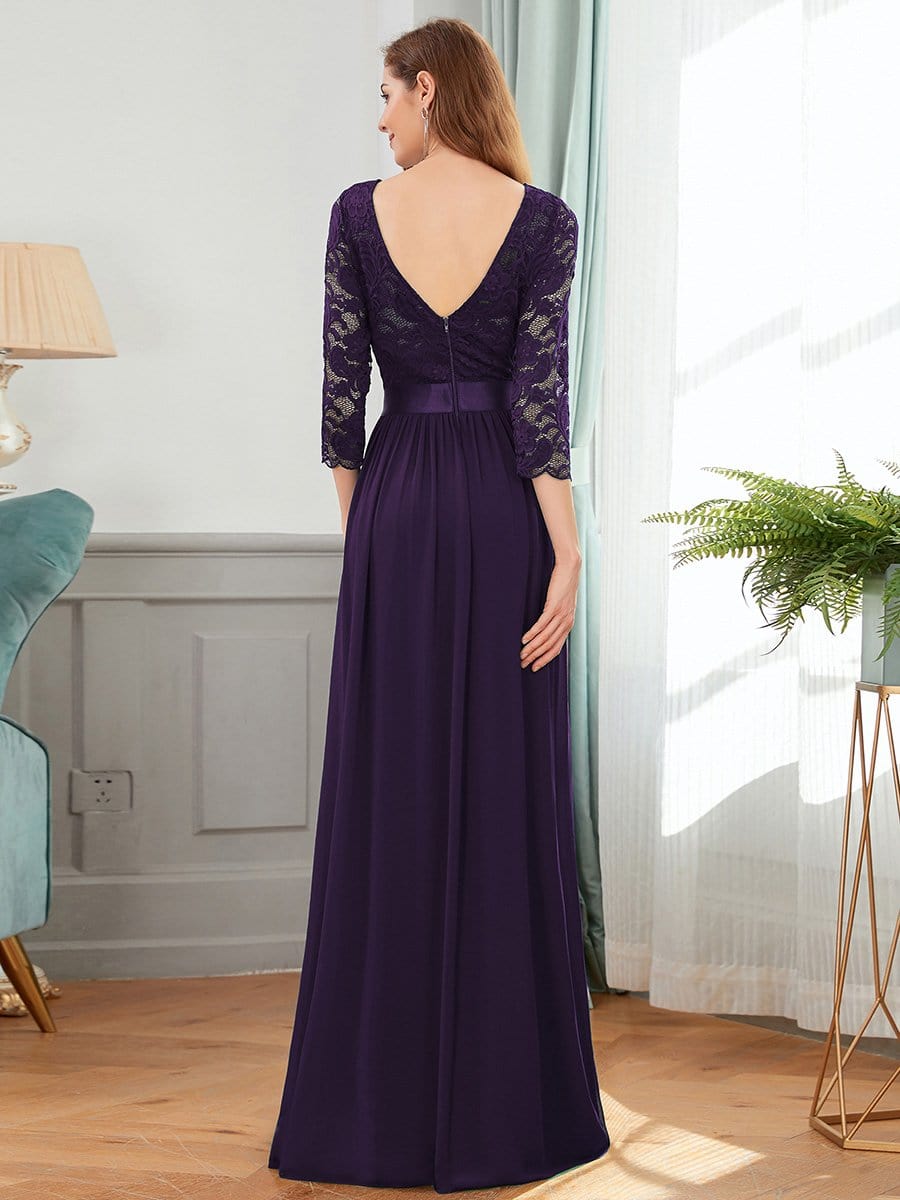COLOR=Dark Purple | See-Through Floor Length Lace Evening Dress With Half Sleeve-Dark Purple 2 COLOR=Dark Purple | See-Through Floor Length Lace Evening Dress With Half Sleeve-Dark Purple 2