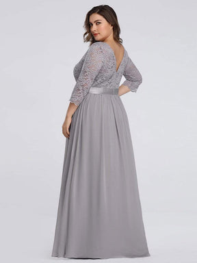 Color=Grey | Plus Size See-Through Floor Length Lace Evening Dress With Half Sleeve-Grey 2