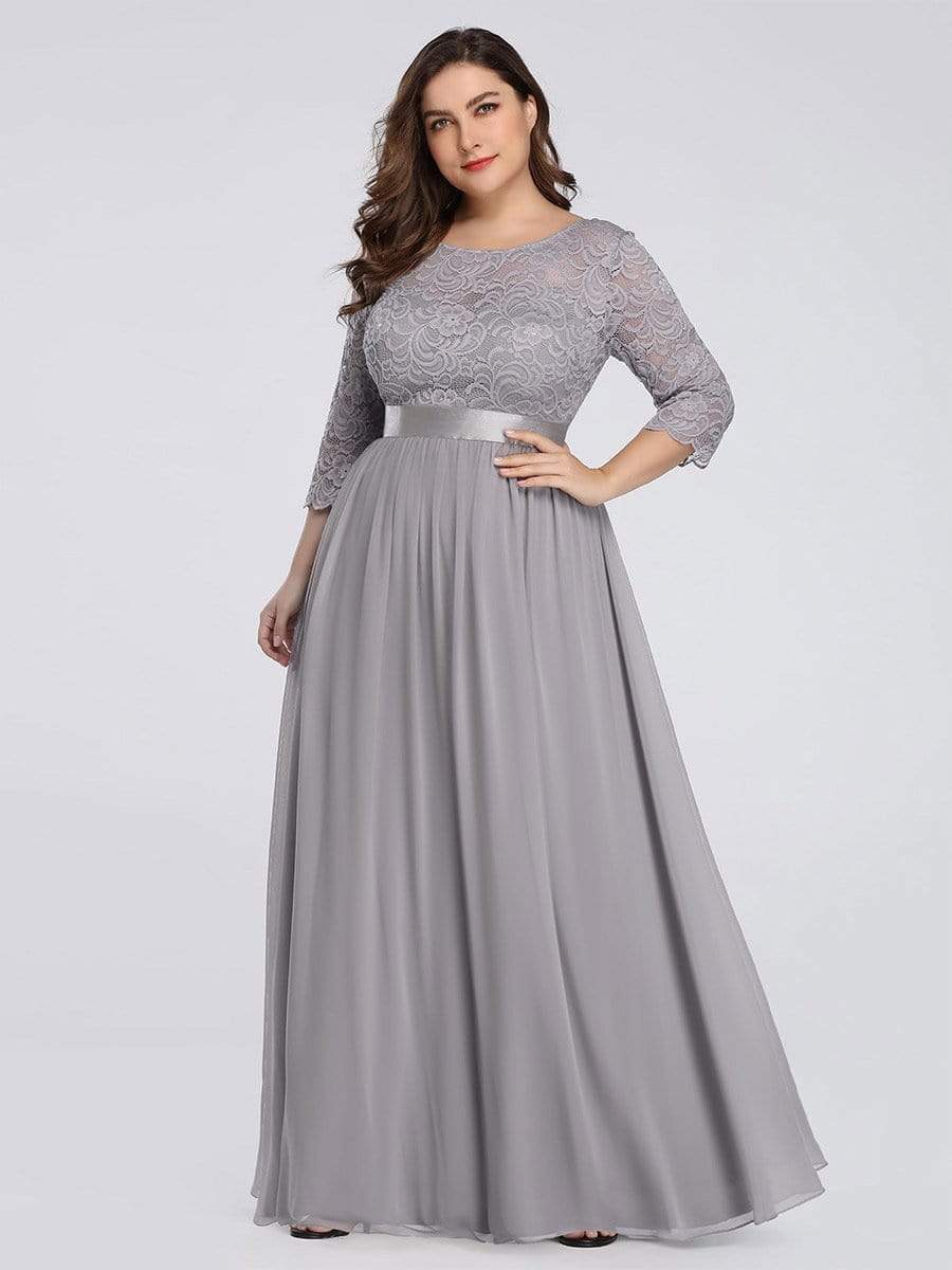 Color=Grey | Plus Size See-Through Floor Length Lace Evening Dress With Half Sleeve-Grey 3 Color=Grey | Plus Size See-Through Floor Length Lace Evening Dress With Half Sleeve-Grey 3