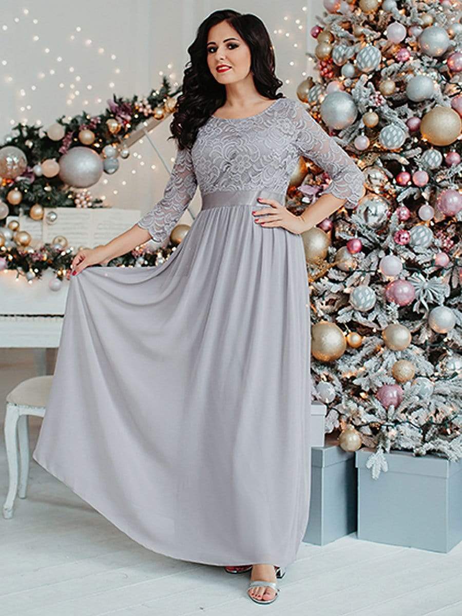 COLOR=Grey | See-Through Floor Length Lace Evening Dress With Half Sleeve-Grey 1 COLOR=Grey | See-Through Floor Length Lace Evening Dress With Half Sleeve-Grey 1