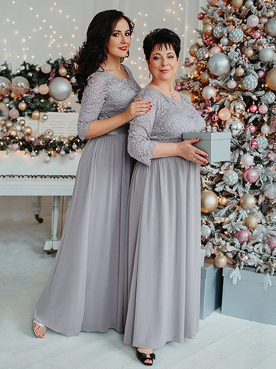 COLOR=Grey | See-Through Floor Length Lace Evening Dress With Half Sleeve-Grey 2 COLOR=Grey | See-Through Floor Length Lace Evening Dress With Half Sleeve-Grey 2