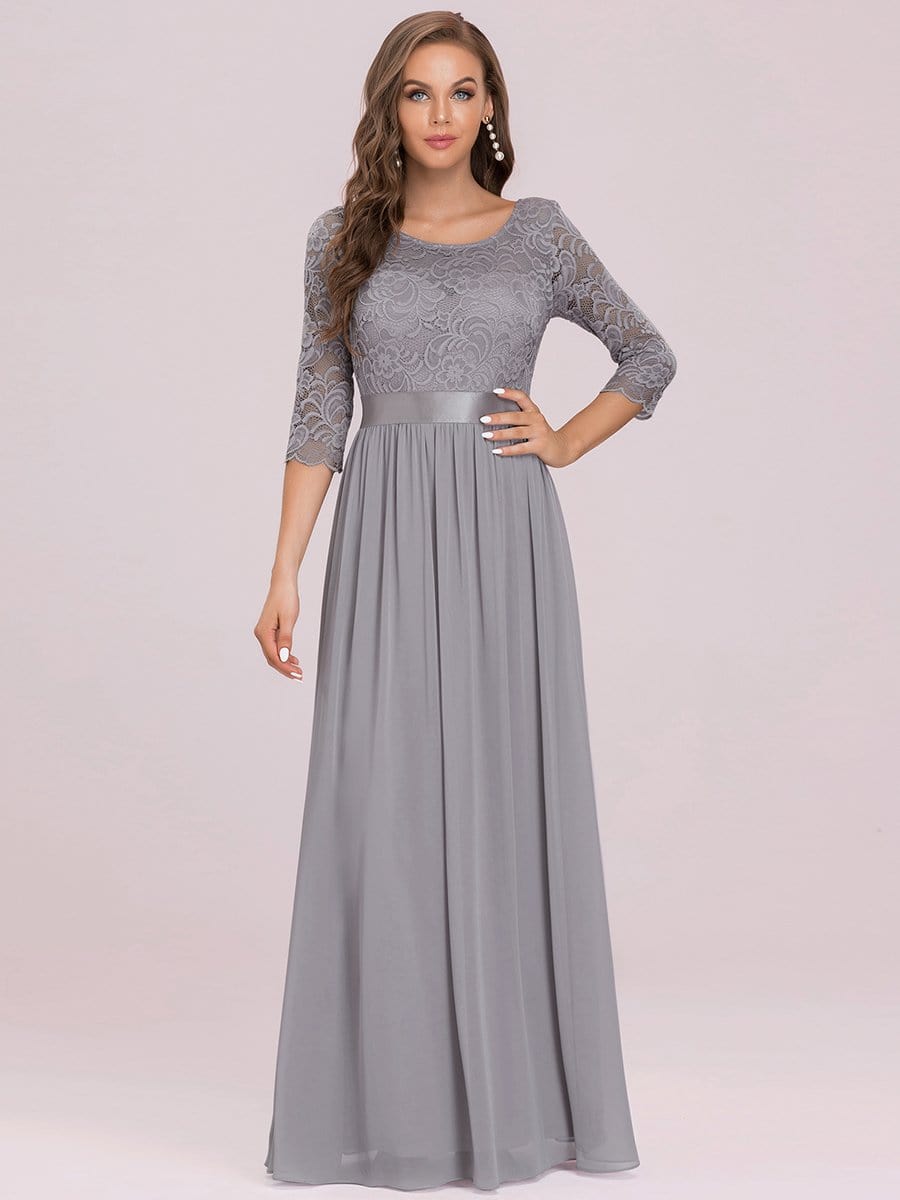 COLOR=Grey | See-Through Floor Length Lace Evening Dress With Half Sleeve-Grey 3 COLOR=Grey | See-Through Floor Length Lace Evening Dress With Half Sleeve-Grey 3