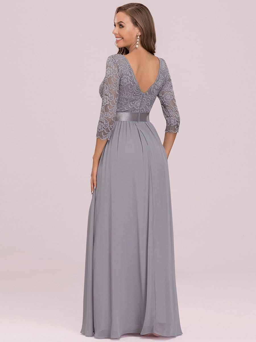 COLOR=Grey | See-Through Floor Length Lace Evening Dress With Half Sleeve-Grey 4 COLOR=Grey | See-Through Floor Length Lace Evening Dress With Half Sleeve-Grey 4