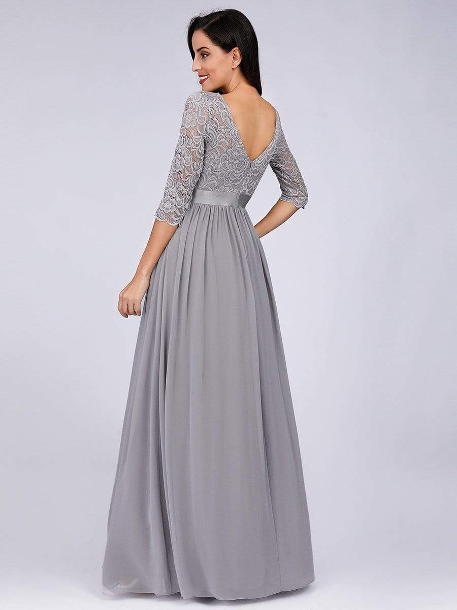 COLOR=Grey | See-Through Floor Length Lace Evening Dress With Half Sleeve-Grey 7 COLOR=Grey | See-Through Floor Length Lace Evening Dress With Half Sleeve-Grey 7