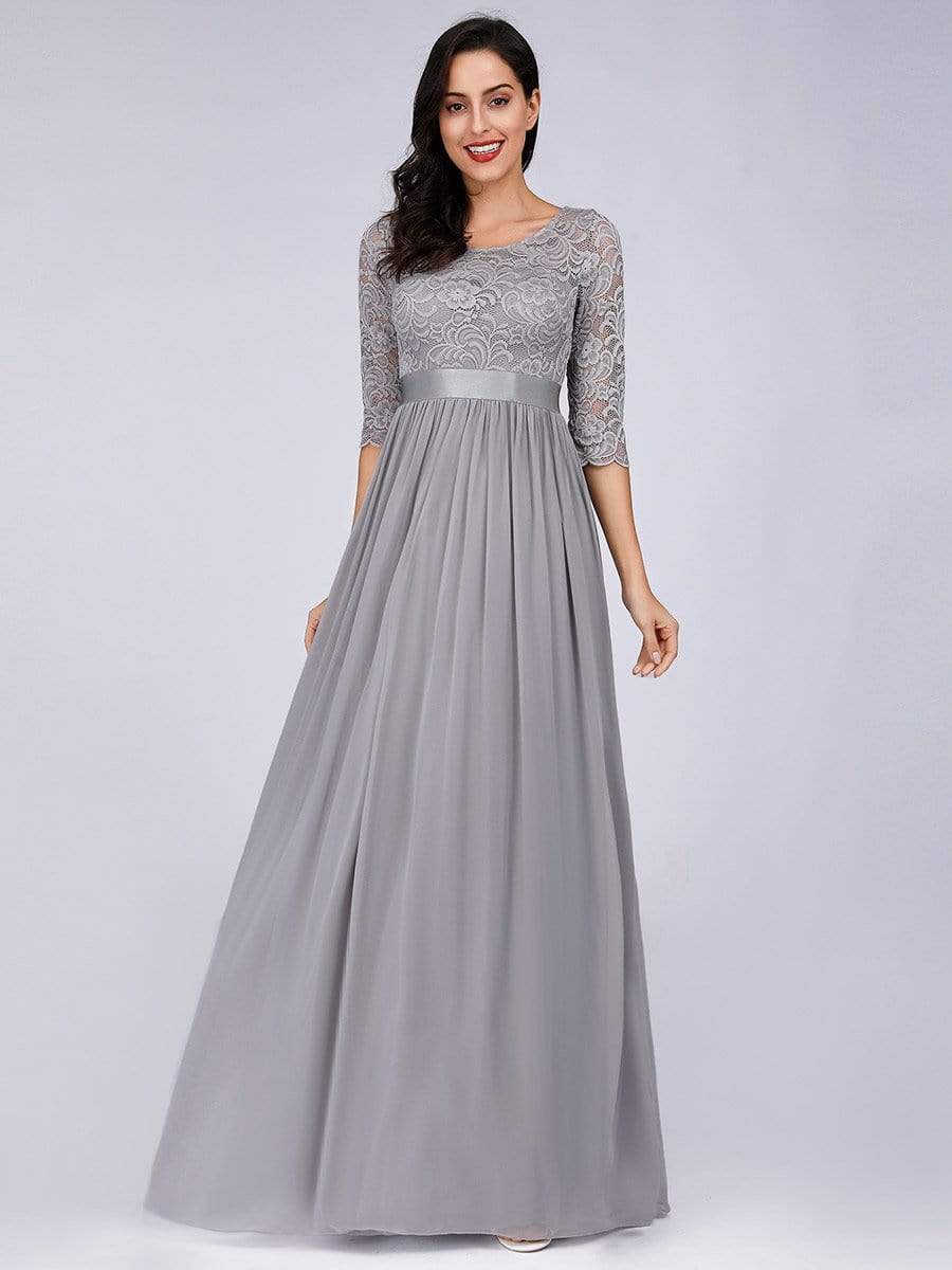 COLOR=Grey | See-Through Floor Length Lace Evening Dress With Half Sleeve-Grey 6 COLOR=Grey | See-Through Floor Length Lace Evening Dress With Half Sleeve-Grey 6