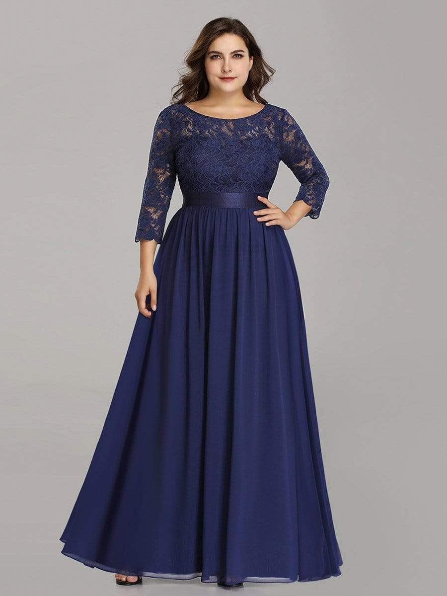 Color=Navy Blue | Plus Size See-Through Floor Length Lace Evening Dress With Half Sleeve-Navy Blue 3 Color=Navy Blue | Plus Size See-Through Floor Length Lace Evening Dress With Half Sleeve-Navy Blue 3