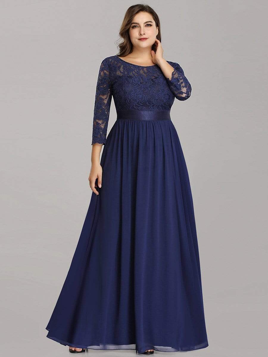 COLOR=Navy Blue | See-Through Floor Length Lace Evening Dress With Half Sleeve-Navy Blue 5 COLOR=Navy Blue | See-Through Floor Length Lace Evening Dress With Half Sleeve-Navy Blue 5