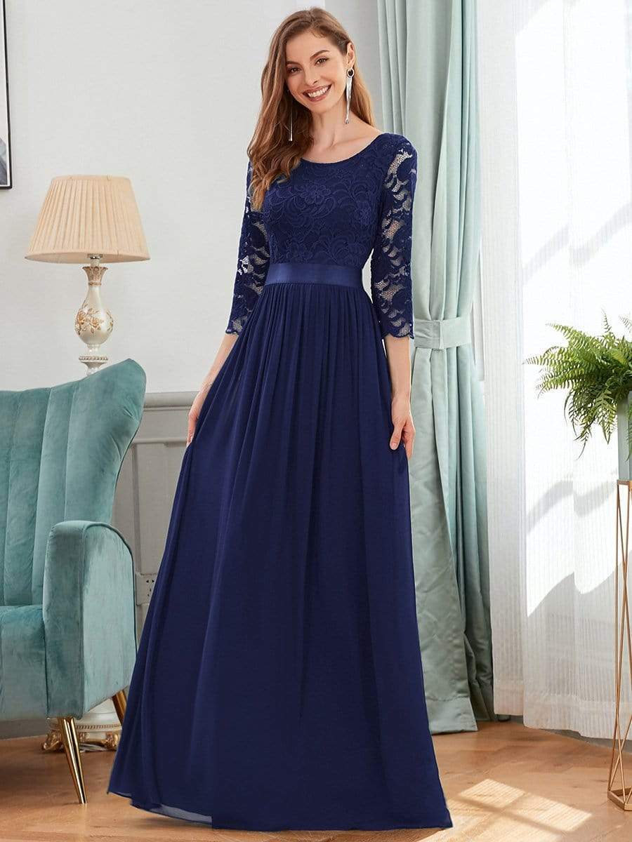 COLOR=Navy Blue | See-Through Floor Length Lace Evening Dress With Half Sleeve-Navy Blue 1 COLOR=Navy Blue | See-Through Floor Length Lace Evening Dress With Half Sleeve-Navy Blue 1