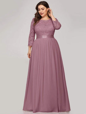 Color=Purple Orchid | Plus Size See-Through Floor Length Lace Evening Dress With Half Sleeve-Purple Orchid 4