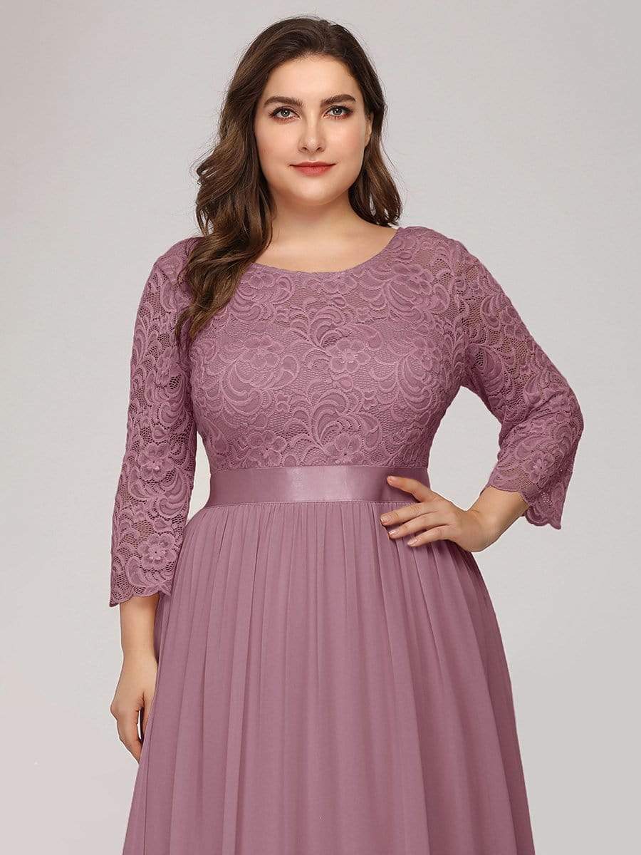 Color=Purple Orchid | Plus Size See-Through Floor Length Lace Evening Dress With Half Sleeve-Purple Orchid 5