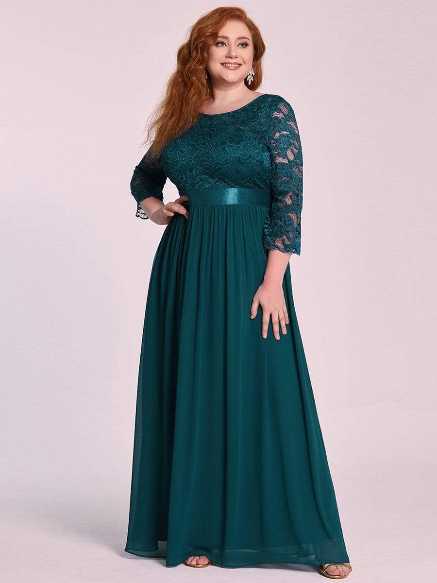 COLOR=Teal | See-Through Floor Length Lace Evening Dress With Half Sleeve-Teal 1