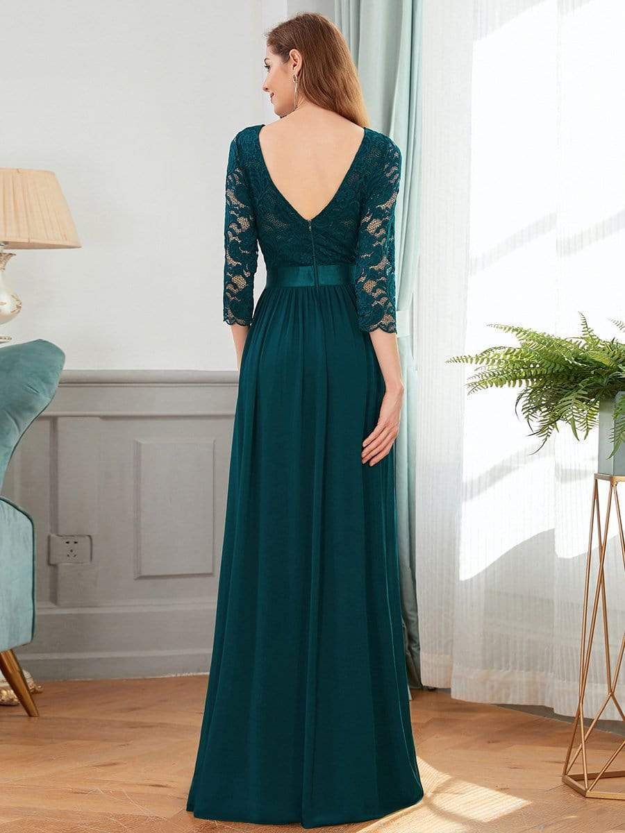COLOR=Teal | See-Through Floor Length Lace Evening Dress With Half Sleeve-Teal 2 COLOR=Teal | See-Through Floor Length Lace Evening Dress With Half Sleeve-Teal 2