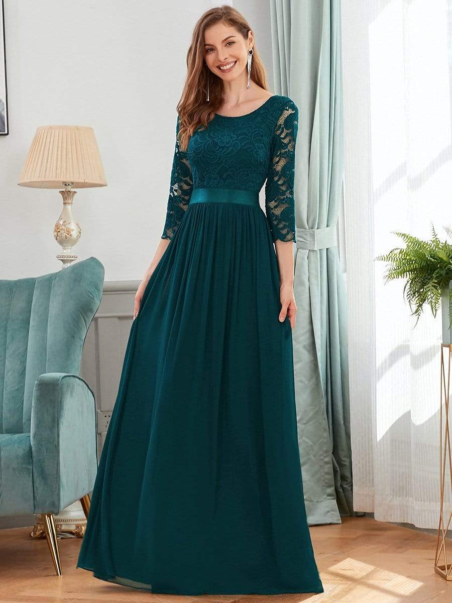 COLOR=Teal | See-Through Floor Length Lace Evening Dress With Half Sleeve-Teal 3 COLOR=Teal | See-Through Floor Length Lace Evening Dress With Half Sleeve-Teal 3