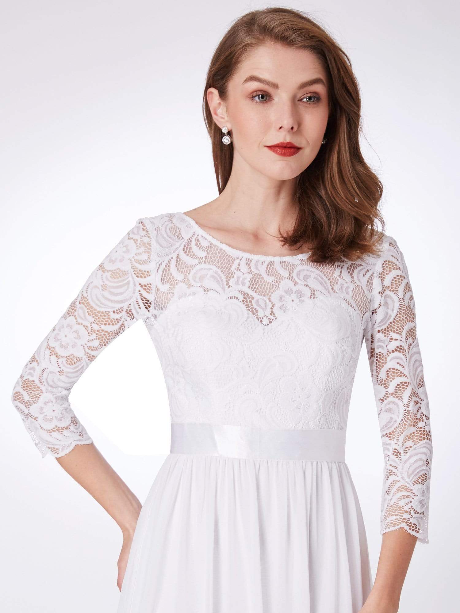 COLOR=White | See-Through Floor Length Lace Evening Dress With Half Sleeve-White 5