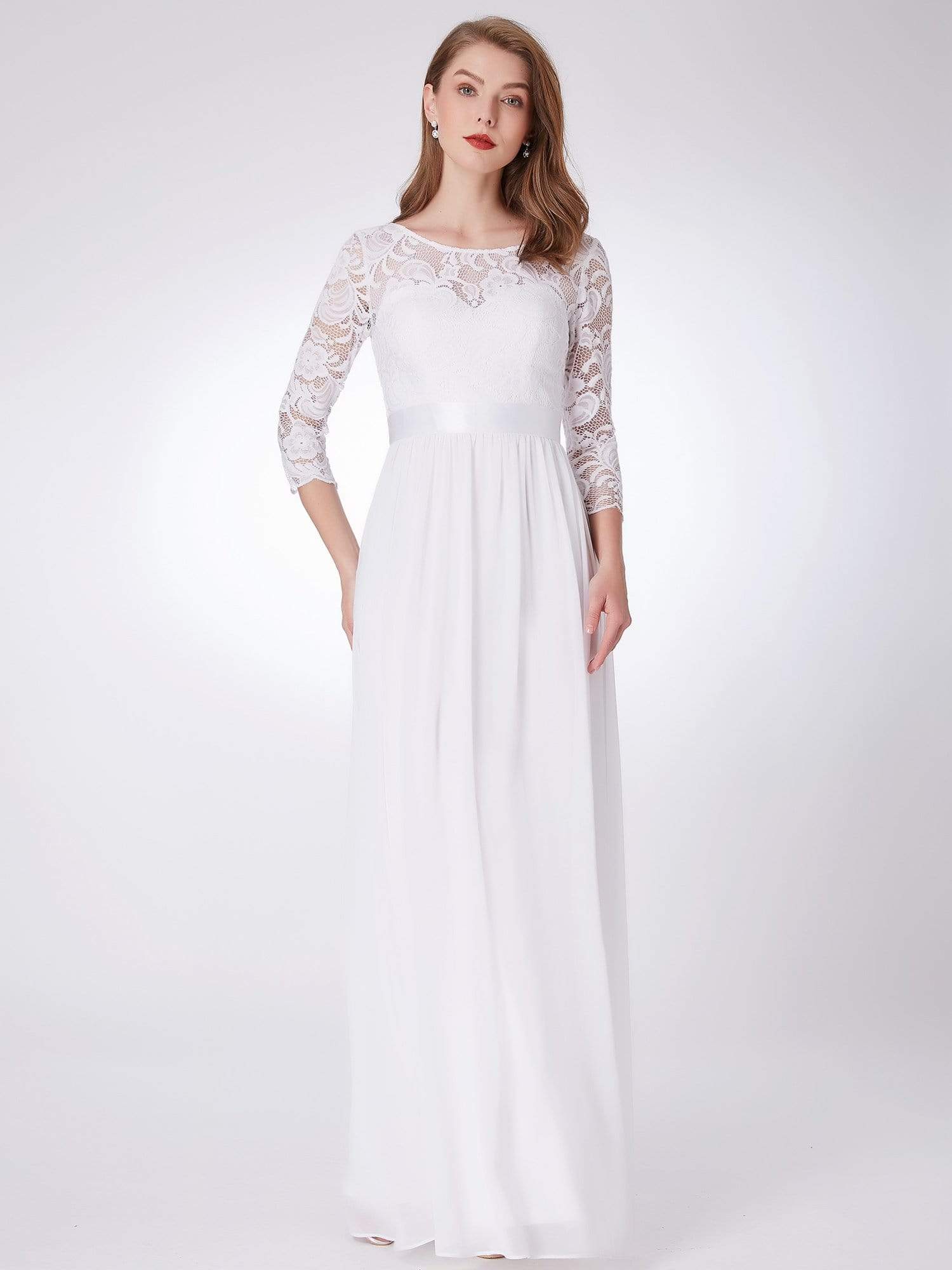 COLOR=White | See-Through Floor Length Lace Evening Dress With Half Sleeve-White 1 COLOR=White | See-Through Floor Length Lace Evening Dress With Half Sleeve-White 1