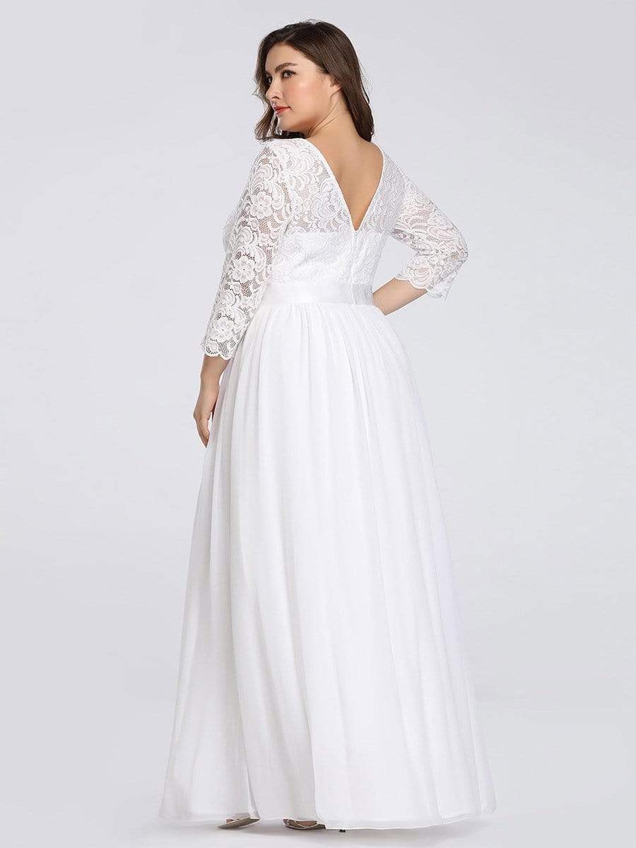 Color=White | Plus Size See-Through Floor Length Lace Evening Dress With Half Sleeve-White 5 Color=White | Plus Size See-Through Floor Length Lace Evening Dress With Half Sleeve-White 5