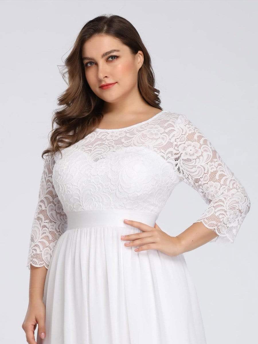 Color=White | Plus Size See-Through Floor Length Lace Evening Dress With Half Sleeve-White 6 Color=White | Plus Size See-Through Floor Length Lace Evening Dress With Half Sleeve-White 6
