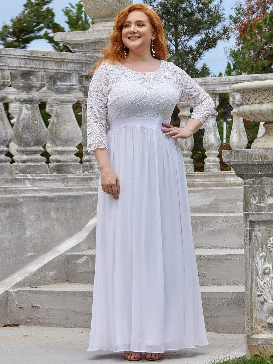 Color=White | Plus Size See-Through Floor Length Lace Evening Dress With Half Sleeve-White 1 Color=White | Plus Size See-Through Floor Length Lace Evening Dress With Half Sleeve-White 1