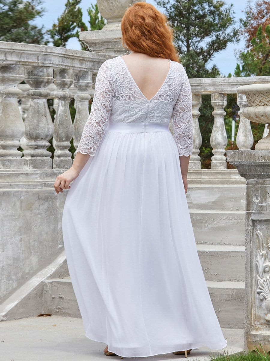 Color=White | Plus Size See-Through Floor Length Lace Evening Dress With Half Sleeve-White 2 Color=White | Plus Size See-Through Floor Length Lace Evening Dress With Half Sleeve-White 2